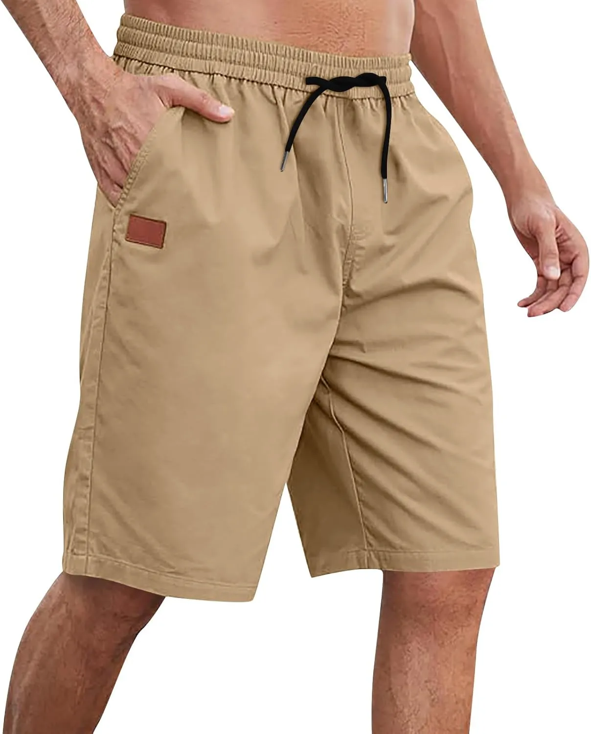 Men's Cargo Shorts 3/4 Relaxed Fit Below Knee Length Shorts 7 Pockets Elastic Waist Cotton Hiking Shorts