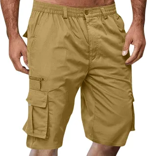 Men's Cargo Shorts 3/4 Relaxed Fit Below Knee Length Shorts 7 Pockets Elastic Waist Cotton Hiking Shorts