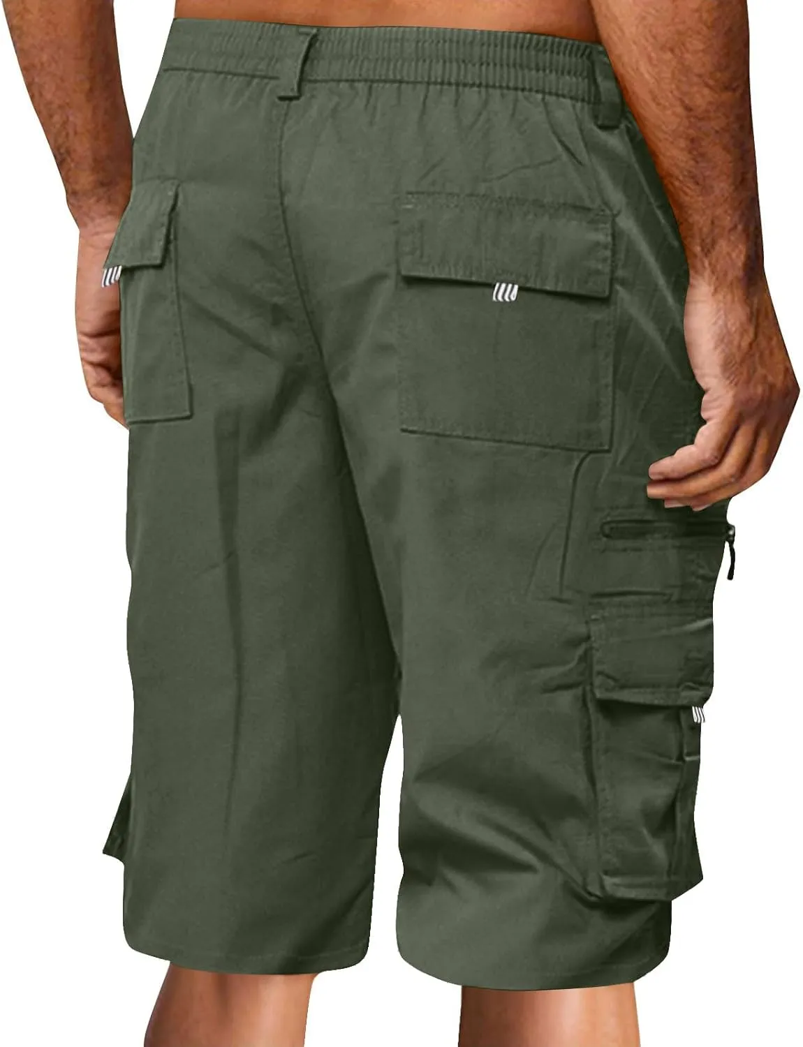 Men's Cargo Shorts 3/4 Relaxed Fit Below Knee Length Shorts 7 Pockets Elastic Waist Cotton Hiking Shorts