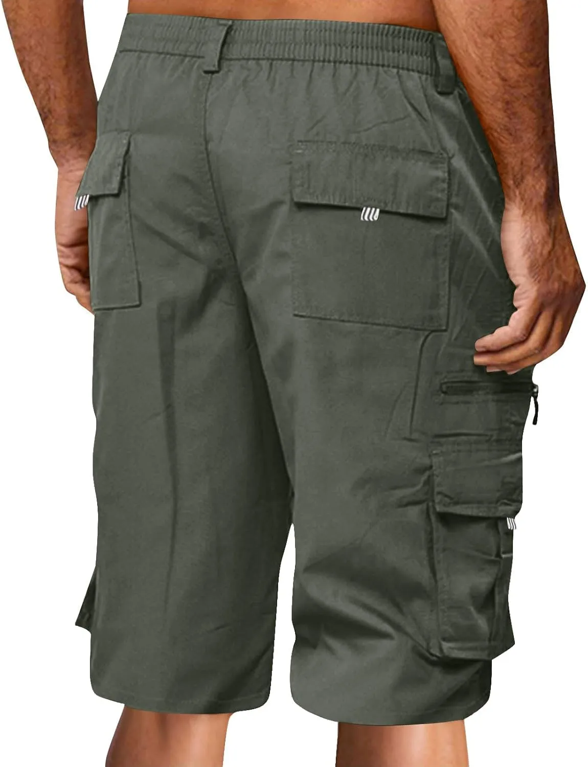 Men's Cargo Shorts 3/4 Relaxed Fit Below Knee Length Shorts 7 Pockets Elastic Waist Cotton Hiking Shorts