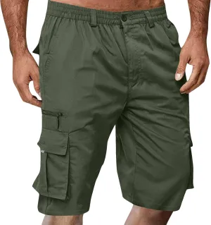 Men's Cargo Shorts 3/4 Relaxed Fit Below Knee Length Shorts 7 Pockets Elastic Waist Cotton Hiking Shorts