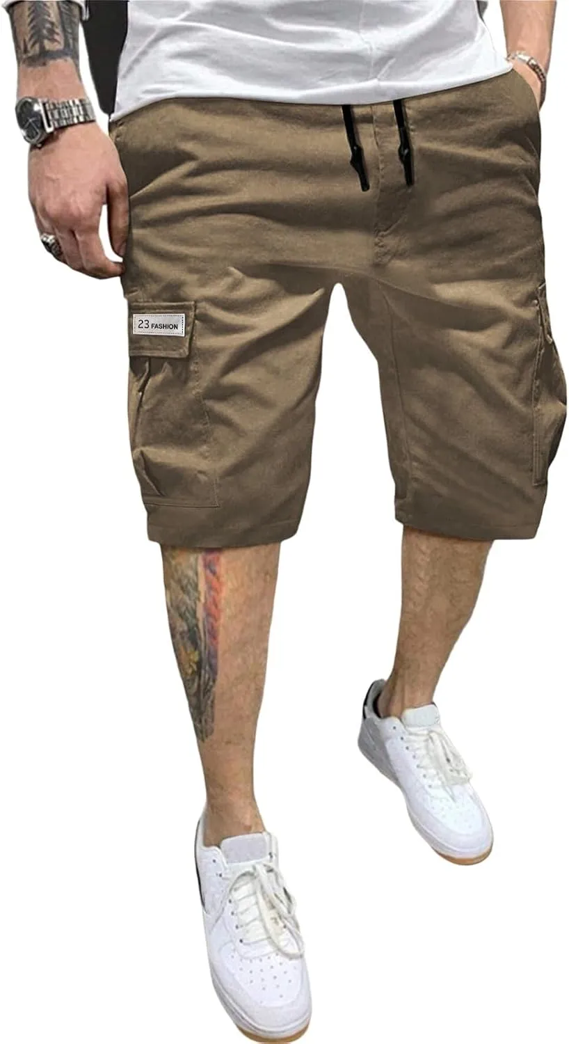 Men's Cargo Shorts Drawstring Elastic Waist Athletic Workout Short Pants Lightweight Solid Beach Shorts with Pockets