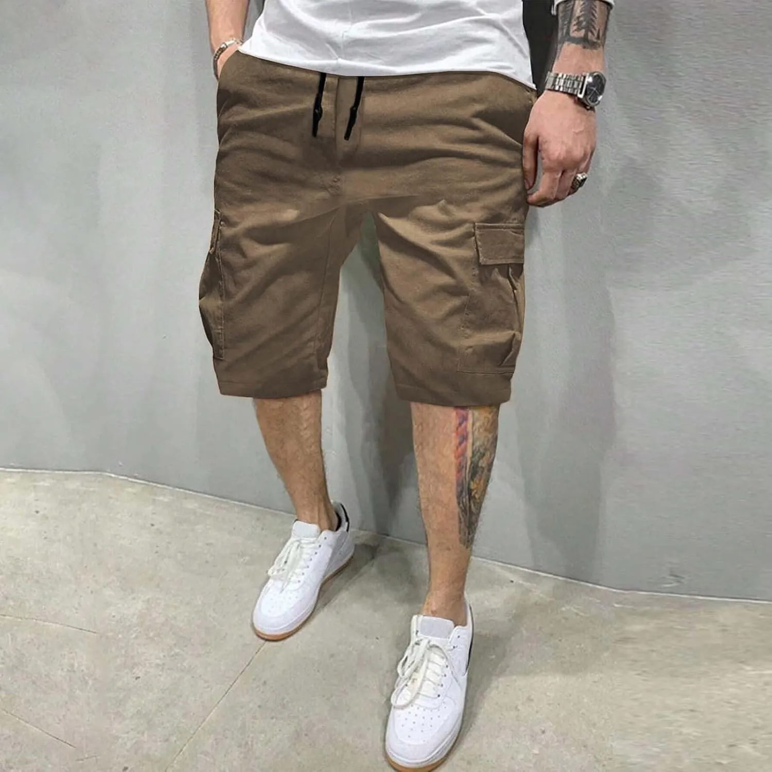 Men's Cargo Shorts Drawstring Elastic Waist Athletic Workout Short Pants Lightweight Solid Beach Shorts with Pockets