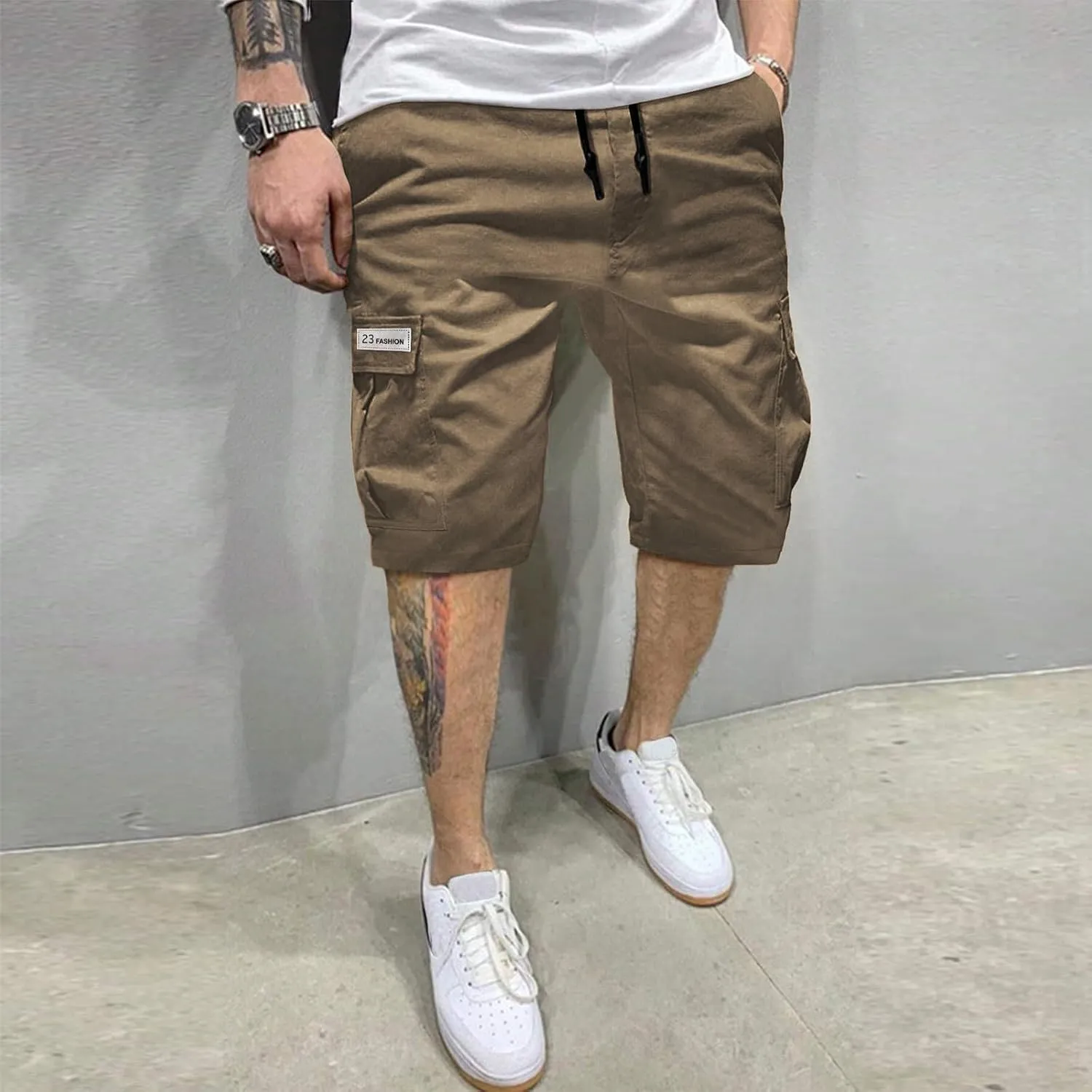 Men's Cargo Shorts Drawstring Elastic Waist Athletic Workout Short Pants Lightweight Solid Beach Shorts with Pockets