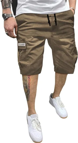 Men's Cargo Shorts Drawstring Elastic Waist Athletic Workout Short Pants Lightweight Solid Beach Shorts with Pockets