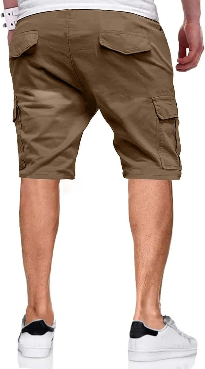 Men's Cargo Shorts Drawstring Elastic Waist Athletic Workout Short Pants Lightweight Solid Beach Shorts with Pockets