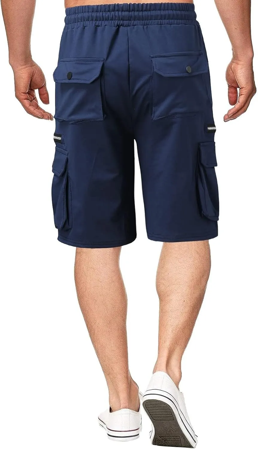 Mens Cargo Shorts Drawstring Elastic Waist Cotton Short Pants Outdoor Athletic Hiking Shorts with Pockets