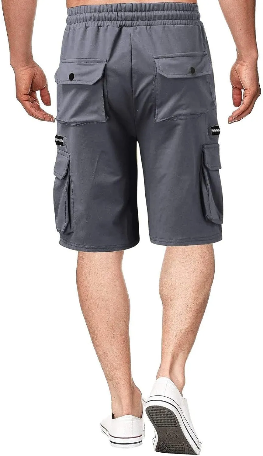 Mens Cargo Shorts Drawstring Elastic Waist Cotton Short Pants Outdoor Athletic Hiking Shorts with Pockets