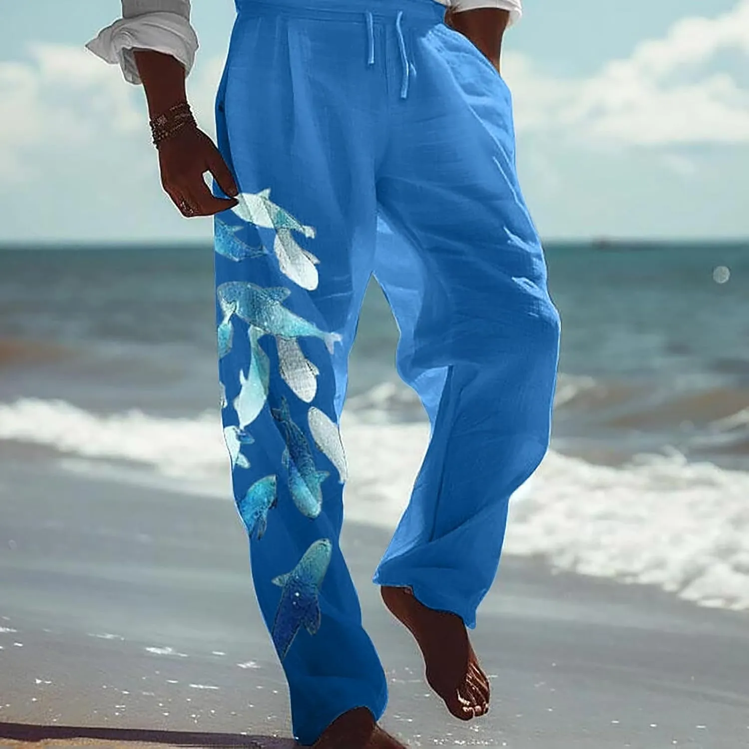 Men's Casual Linen Pants Elastic Waist Drawstring Print Summer Long Fit Linen Beach Pants Lightweight Baggy Trousers