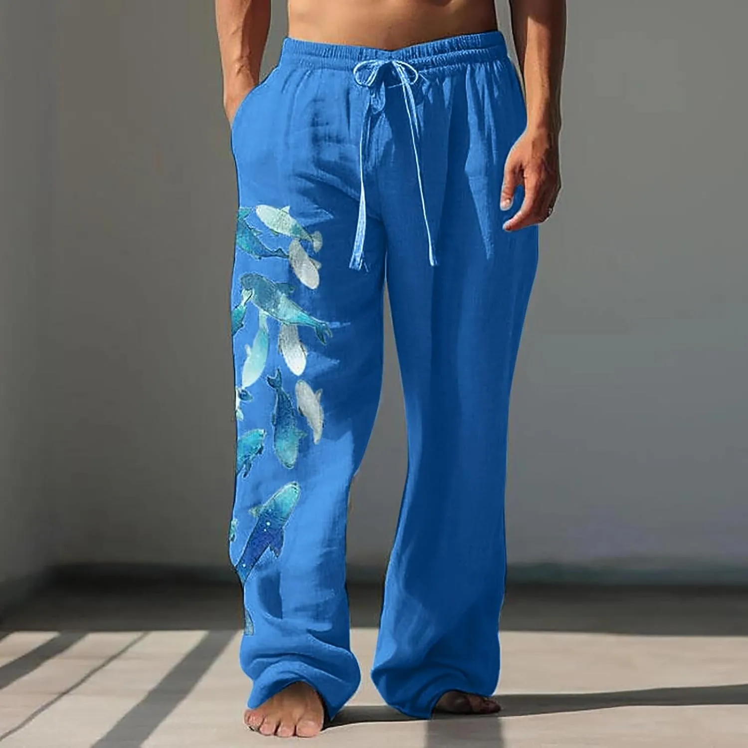 Men's Casual Linen Pants Elastic Waist Drawstring Print Summer Long Fit Linen Beach Pants Lightweight Baggy Trousers
