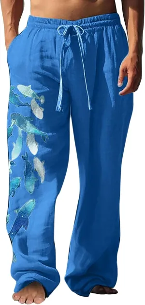 Men's Casual Linen Pants Elastic Waist Drawstring Print Summer Long Fit Linen Beach Pants Lightweight Baggy Trousers