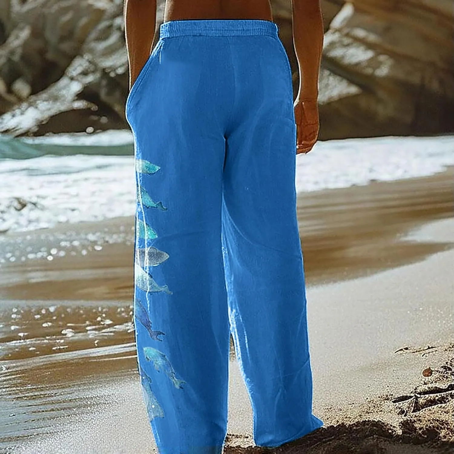 Men's Casual Linen Pants Elastic Waist Drawstring Print Summer Long Fit Linen Beach Pants Lightweight Baggy Trousers