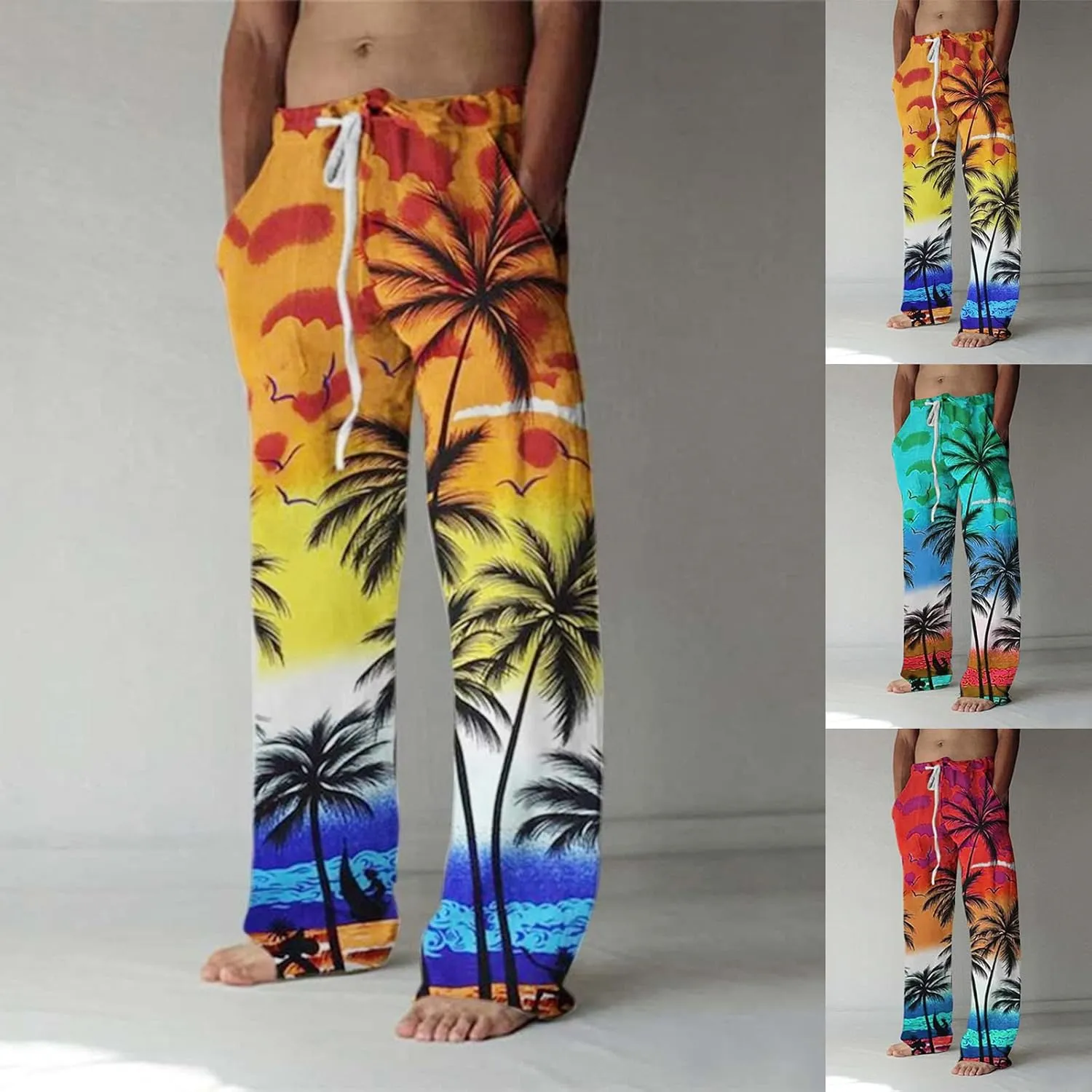 Men's Cotton Linen Pants Elastic Waist Lightweight Seaside Printed Casual Pants Loose Fit Yoga Beach Pants with Pockets