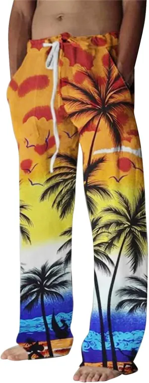 Men's Cotton Linen Pants Elastic Waist Lightweight Seaside Printed Casual Pants Loose Fit Yoga Beach Pants with Pockets