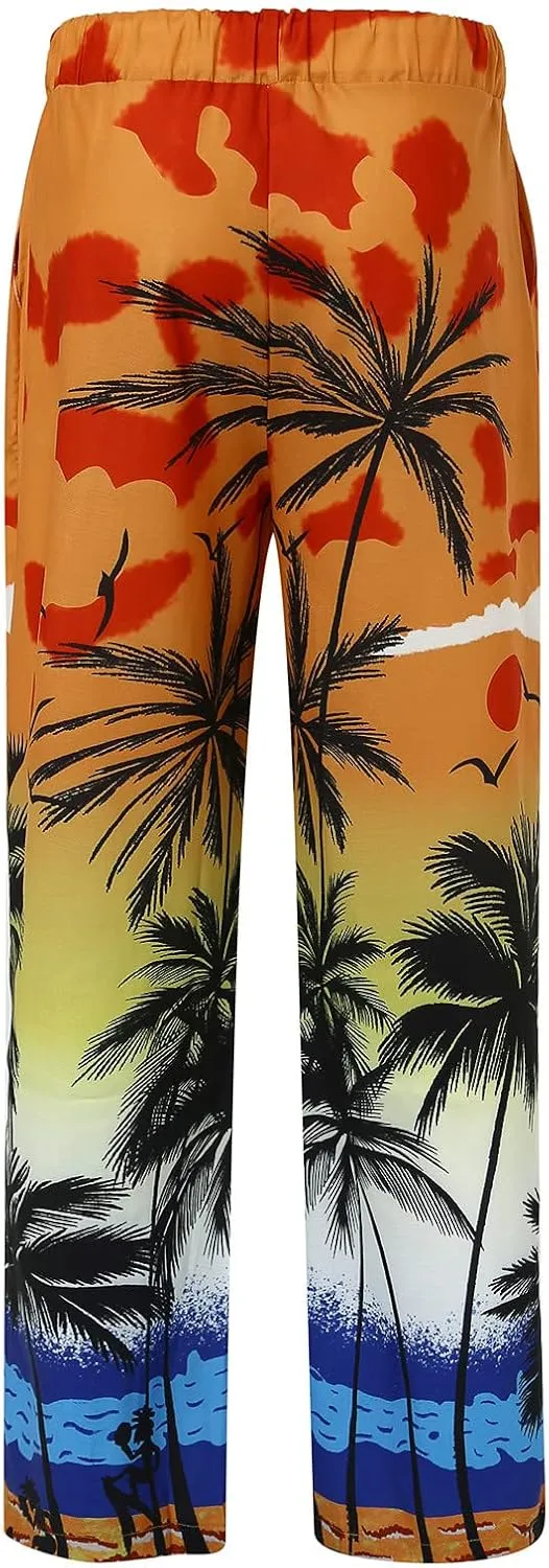Men's Cotton Linen Pants Elastic Waist Lightweight Seaside Printed Casual Pants Loose Fit Yoga Beach Pants with Pockets