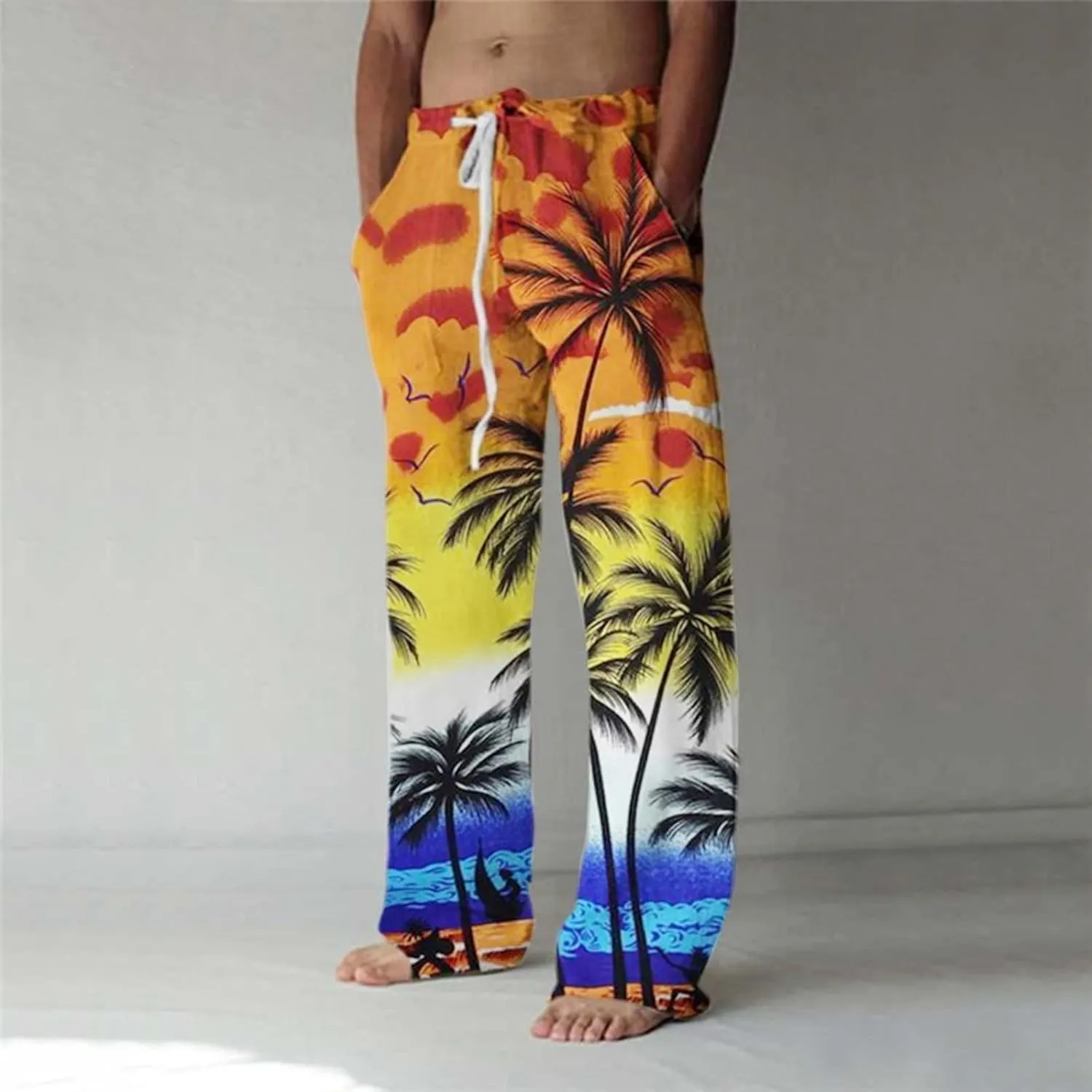 Men's Cotton Linen Pants Elastic Waist Lightweight Seaside Printed Casual Pants Loose Fit Yoga Beach Pants with Pockets