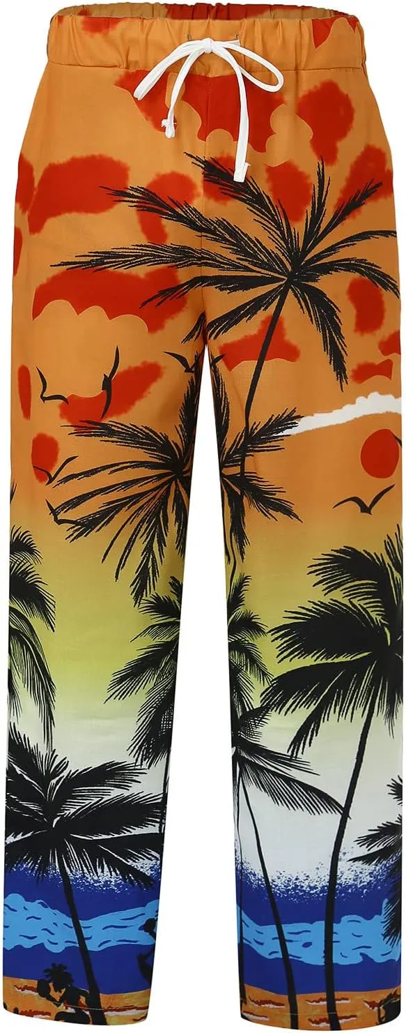 Men's Cotton Linen Pants Elastic Waist Lightweight Seaside Printed Casual Pants Loose Fit Yoga Beach Pants with Pockets