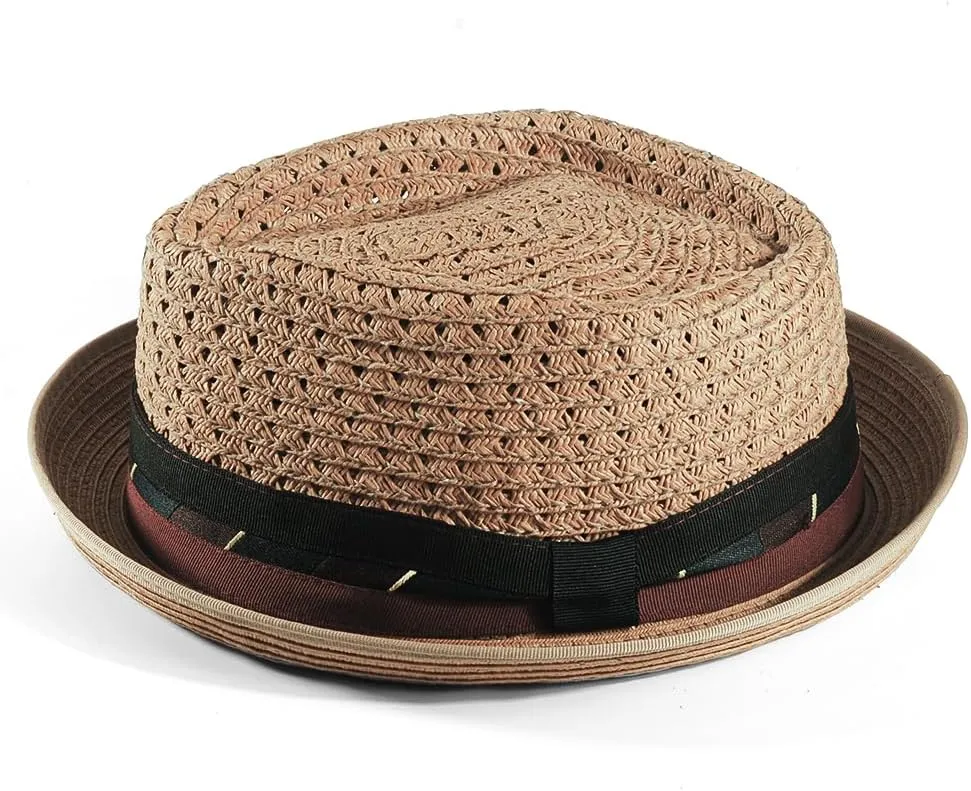 Men's Diamod Shape Porkpie UPF 50  Sun Straw Hats with Short Brim Derby Pinch Fedora Upturn Brim