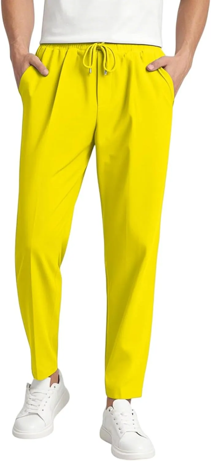 Men's Elastic Waist Straight-Leg Silm-Fit Casual Work Trousers with Side Pockets