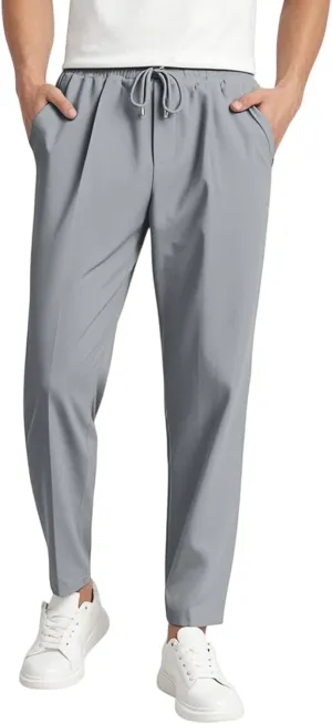 Men's Elastic Waist Straight-Leg Silm-Fit Casual Work Trousers with Side Pockets