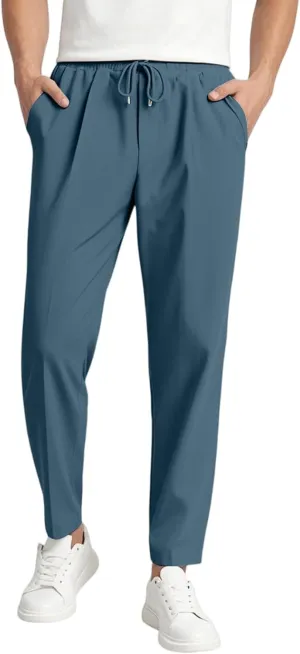 Men's Elastic Waist Straight-Leg Silm-Fit Casual Work Trousers with Side Pockets