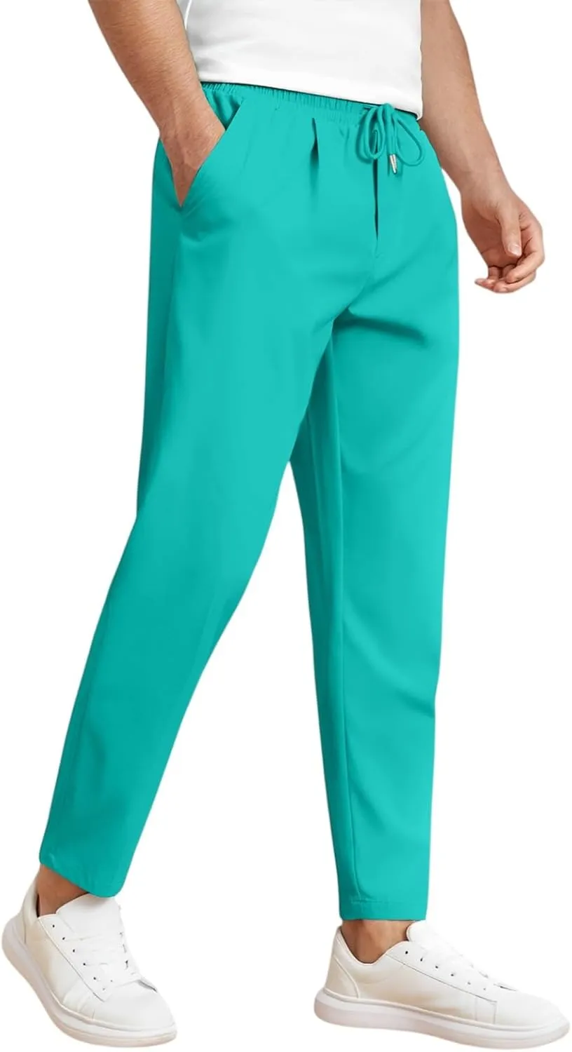 Men's Elastic Waist Straight-Leg Silm-Fit Casual Work Trousers with Side Pockets