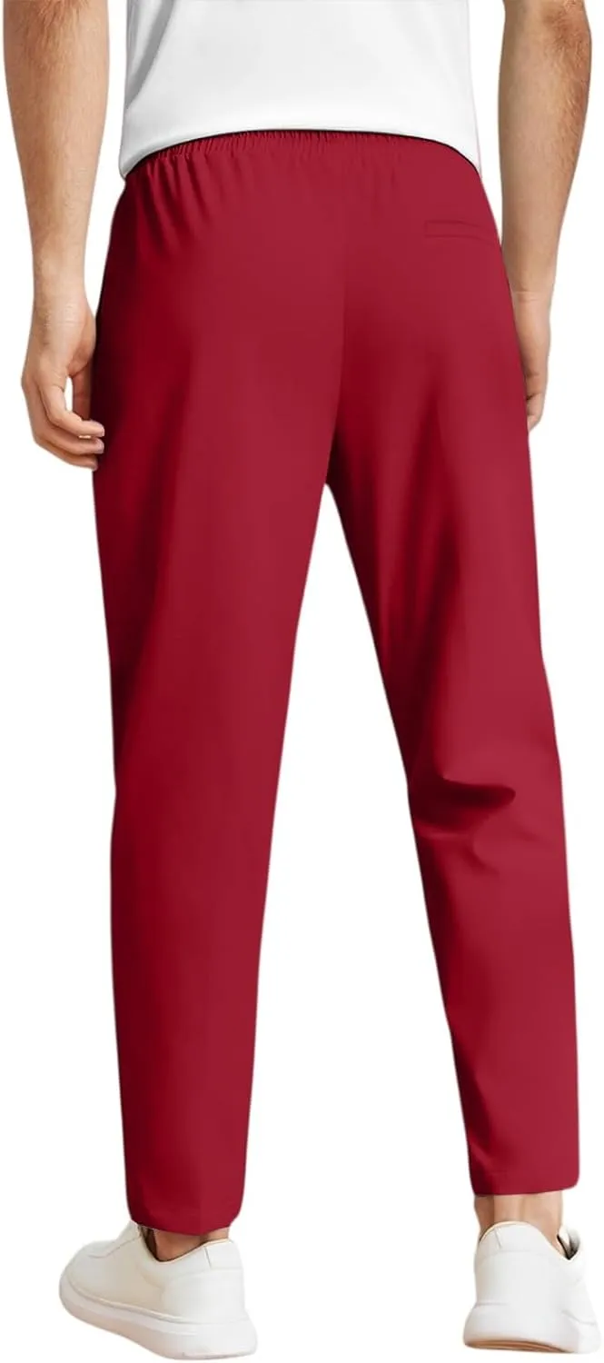 Men's Elastic Waist Straight-Leg Silm-Fit Casual Work Trousers with Side Pockets