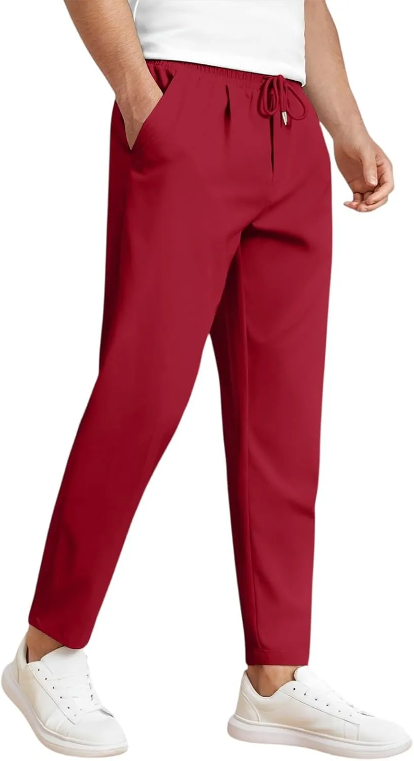 Men's Elastic Waist Straight-Leg Silm-Fit Casual Work Trousers with Side Pockets