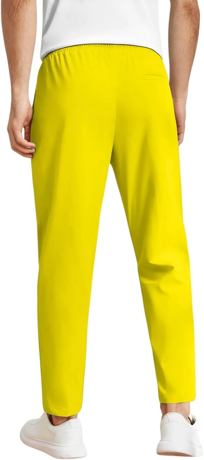 Men's Elastic Waist Straight-Leg Silm-Fit Casual Work Trousers with Side Pockets
