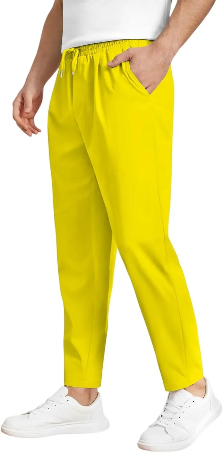 Men's Elastic Waist Straight-Leg Silm-Fit Casual Work Trousers with Side Pockets