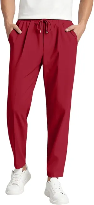 Men's Elastic Waist Straight-Leg Silm-Fit Casual Work Trousers with Side Pockets