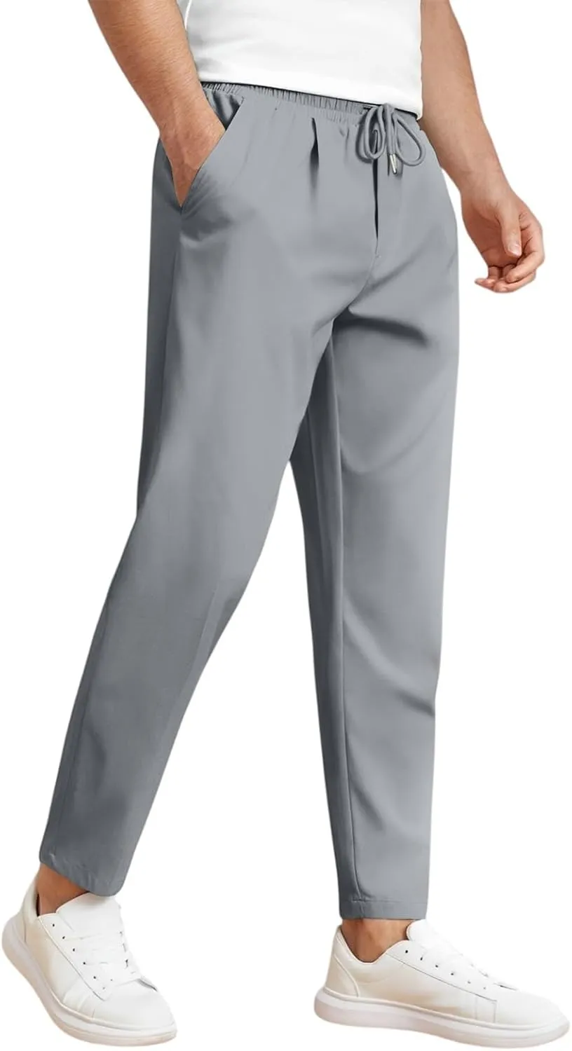 Men's Elastic Waist Straight-Leg Silm-Fit Casual Work Trousers with Side Pockets