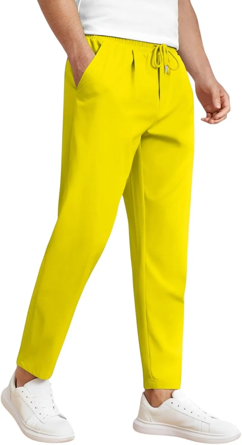 Men's Elastic Waist Straight-Leg Silm-Fit Casual Work Trousers with Side Pockets