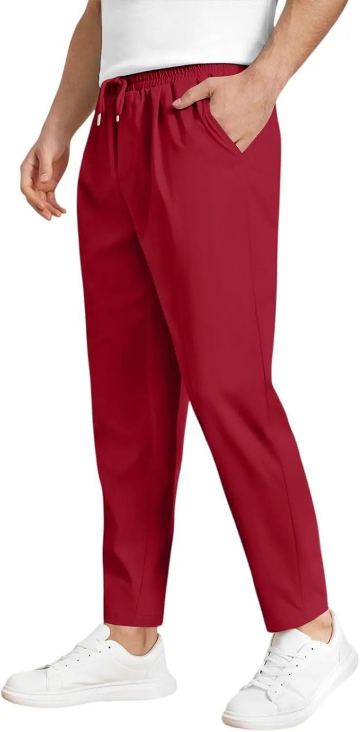 Men's Elastic Waist Straight-Leg Silm-Fit Casual Work Trousers with Side Pockets