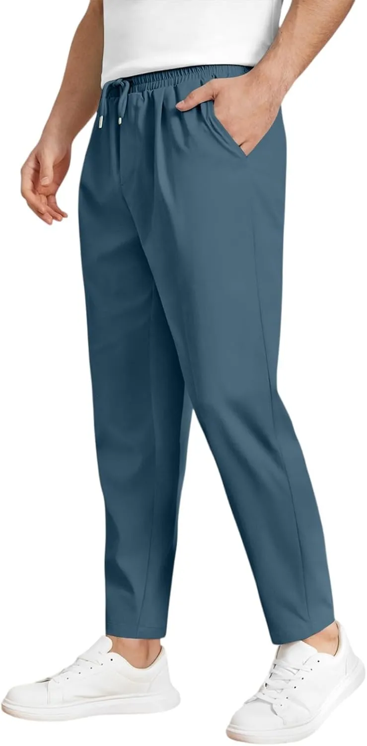 Men's Elastic Waist Straight-Leg Silm-Fit Casual Work Trousers with Side Pockets