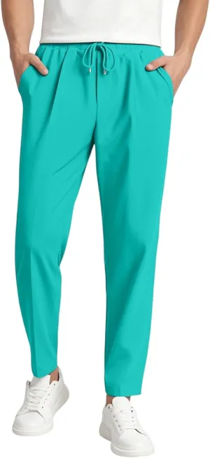 Men's Elastic Waist Straight-Leg Silm-Fit Casual Work Trousers with Side Pockets