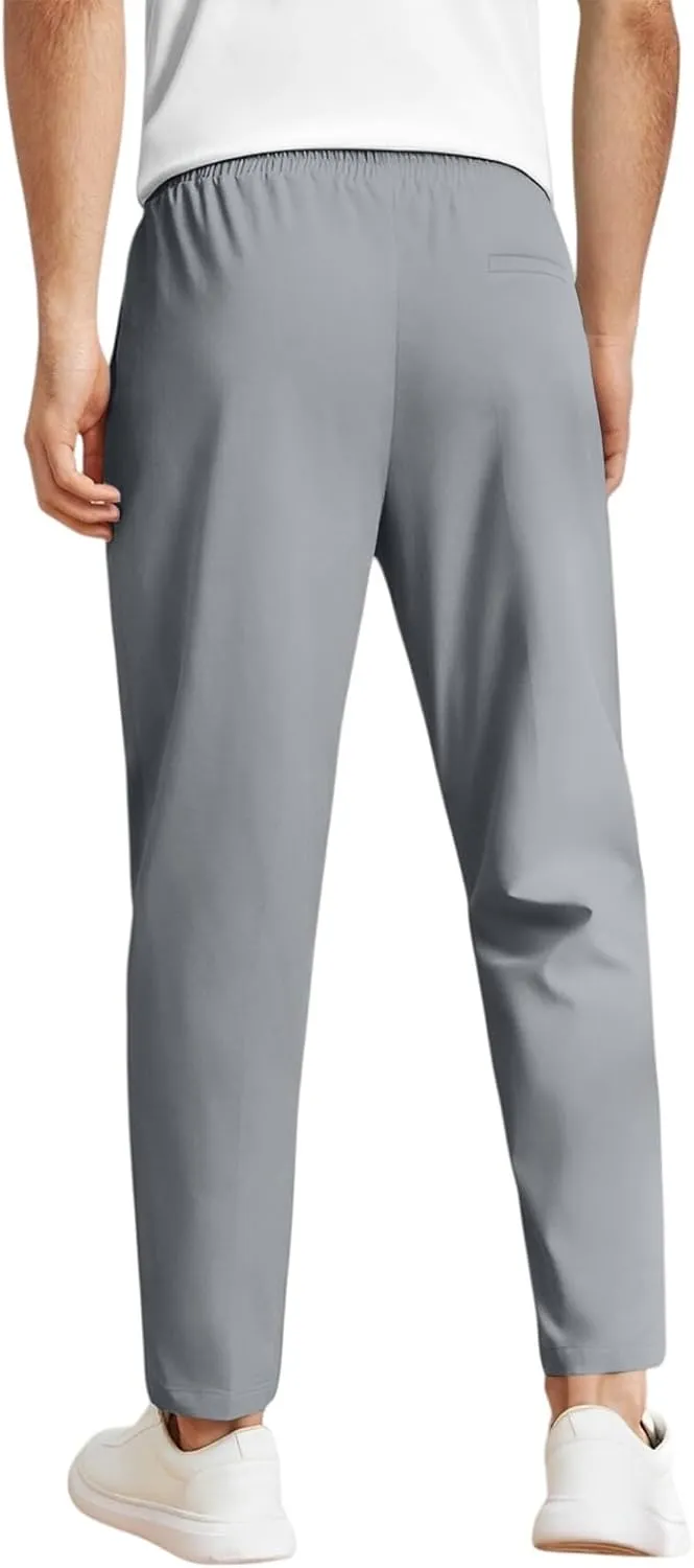 Men's Elastic Waist Straight-Leg Silm-Fit Casual Work Trousers with Side Pockets