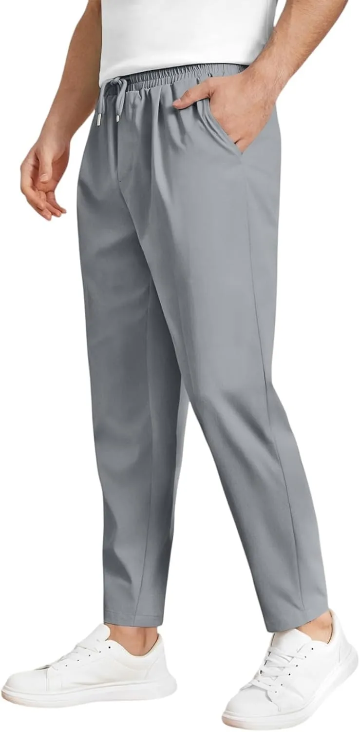 Men's Elastic Waist Straight-Leg Silm-Fit Casual Work Trousers with Side Pockets