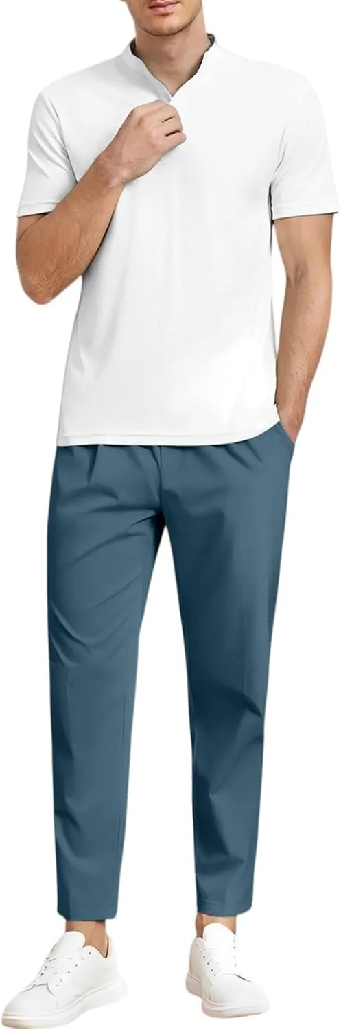 Men's Elastic Waist Straight-Leg Silm-Fit Casual Work Trousers with Side Pockets