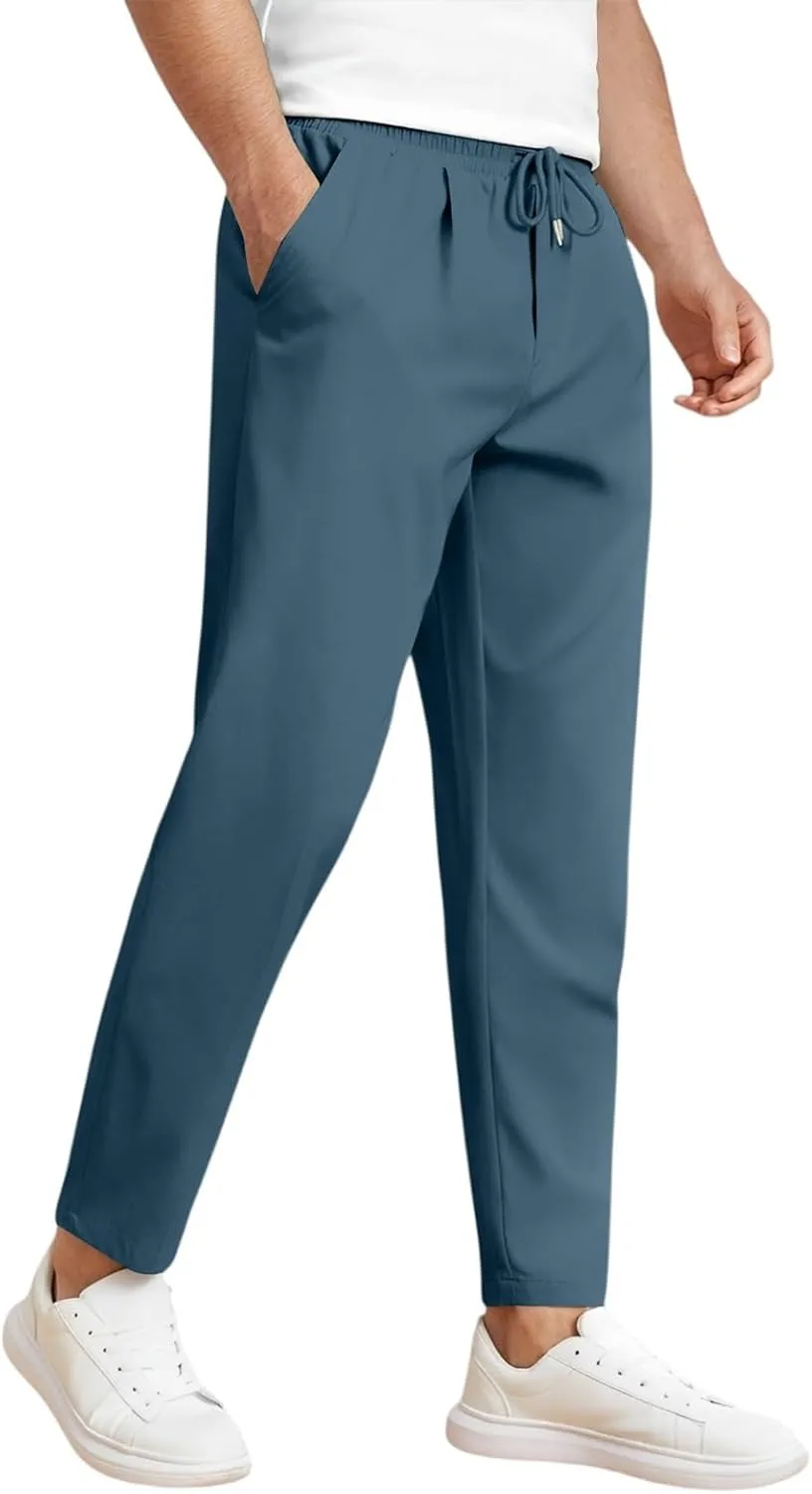 Men's Elastic Waist Straight-Leg Silm-Fit Casual Work Trousers with Side Pockets