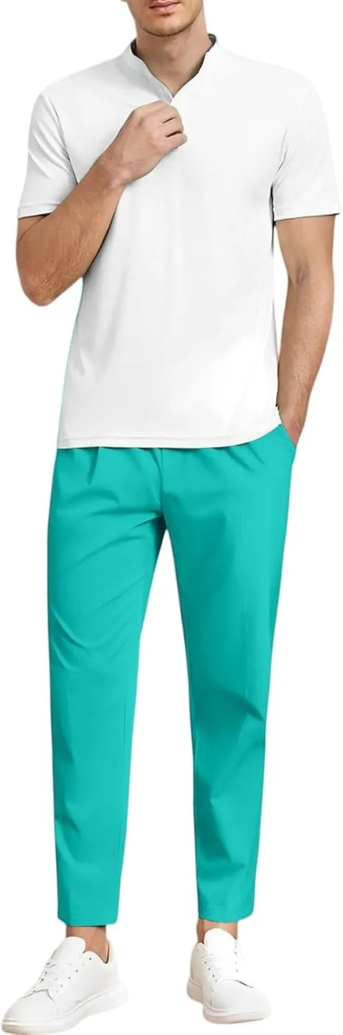 Men's Elastic Waist Straight-Leg Silm-Fit Casual Work Trousers with Side Pockets