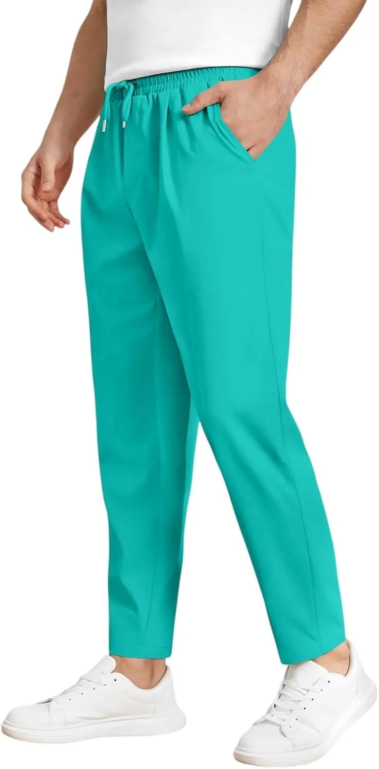 Men's Elastic Waist Straight-Leg Silm-Fit Casual Work Trousers with Side Pockets