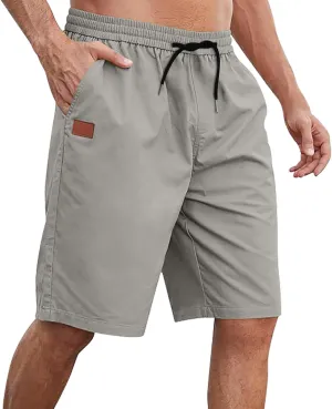 Men's Hiking Cargo Shorts Elastic Waist Drawstring Knee Length Pant Lightweight Casual Athletic Shorts with Pockets