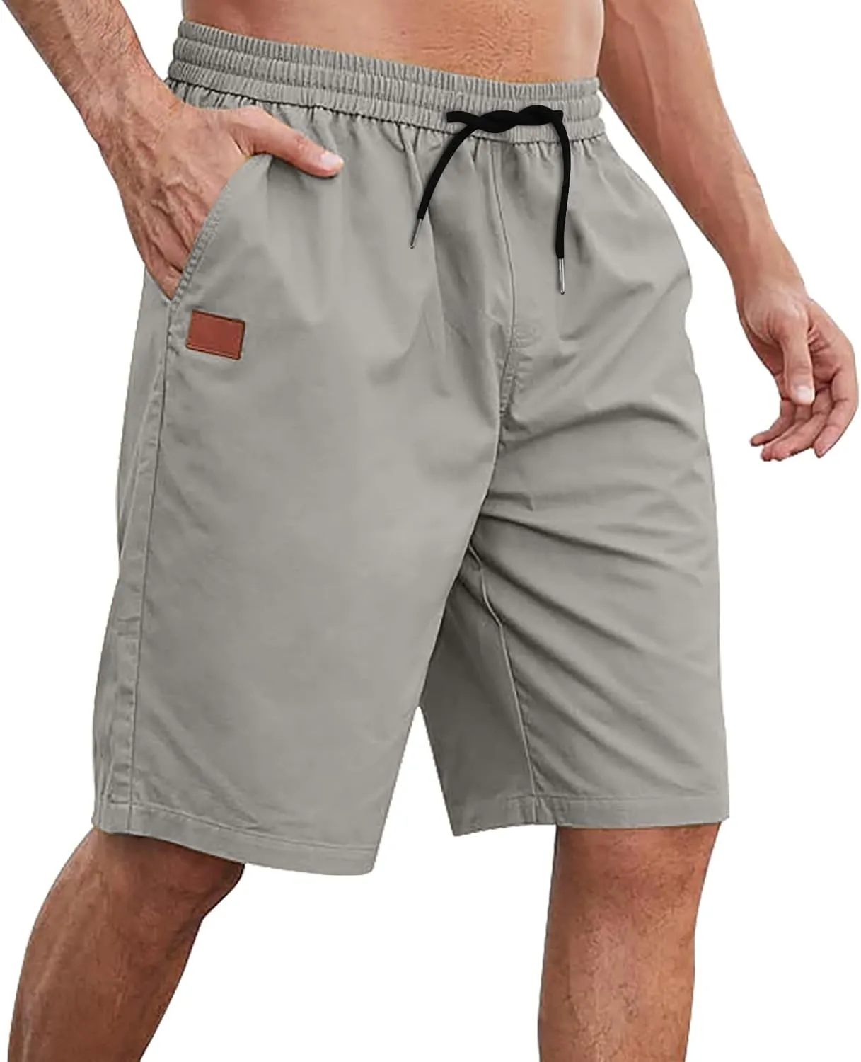 Men's Hiking Cargo Shorts Elastic Waist Drawstring Knee Length Pant Lightweight Casual Athletic Shorts with Pockets