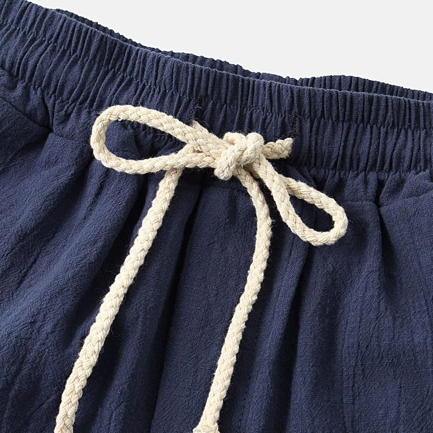Men's Linen Cotton Shorts 5 Inch Inseam Drawstring Elastic Waist Lightweight Casual Summer Beach Shorts with Pocket