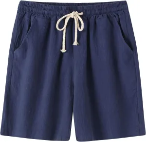 Men's Linen Cotton Shorts 5 Inch Inseam Drawstring Elastic Waist Lightweight Casual Summer Beach Shorts with Pocket