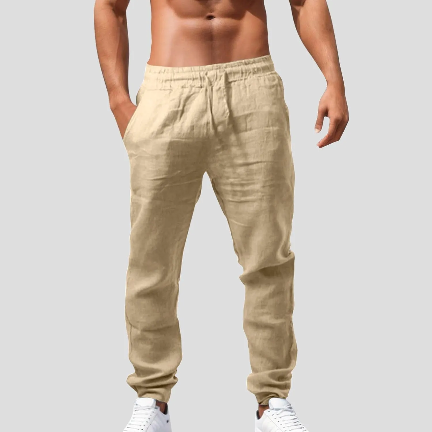 Mens Linen Pants 2025 Summer Casual Elastic Waist Drawstring Lightweight Relax Fit Beach Trousers with Pockets