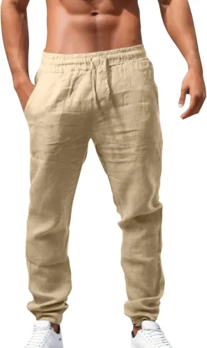 Mens Linen Pants 2025 Summer Casual Elastic Waist Drawstring Lightweight Relax Fit Beach Trousers with Pockets