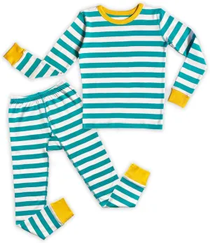 Mightly Boys and Girls' Pajamas | 100% Organic Cotton Soft, Elastic and Comfortable Footless Pajama Set for Toddlers and Kids, Unisex Sleepwear PJs, 2 Pieces, Fair Trade Certified, Teal Stripe, 5