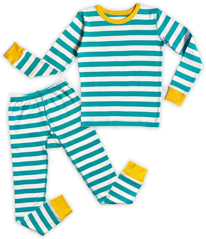 Mightly Boys and Girls' Pajamas | 100% Organic Cotton Soft, Elastic and Comfortable Footless Pajama Set for Toddlers and Kids, Unisex Sleepwear PJs, 2 Pieces, Fair Trade Certified, Teal Stripe, 5